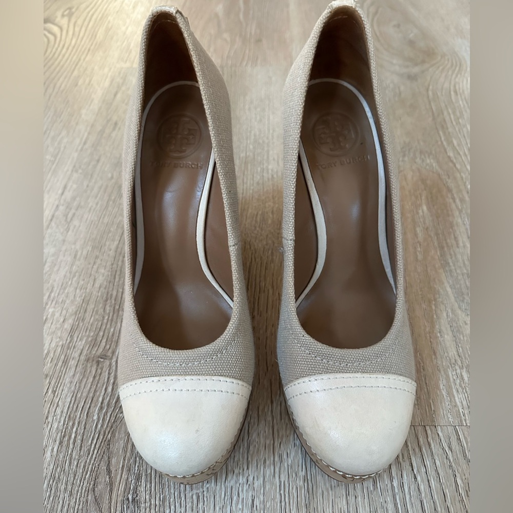 Tory Burch Gabe Canvas Wedge w Cork Heel & Leather Cap Toes; Size 7.5